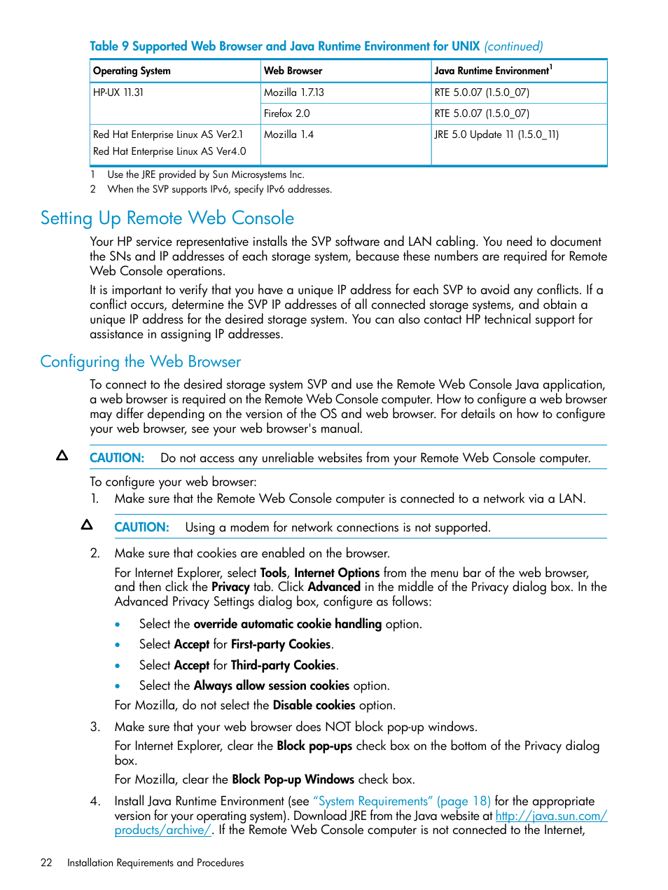 Setting up remote web console, Configuring the web browser | HP XP20000XP24000 Disk Array User Manual | Page 22 / 151