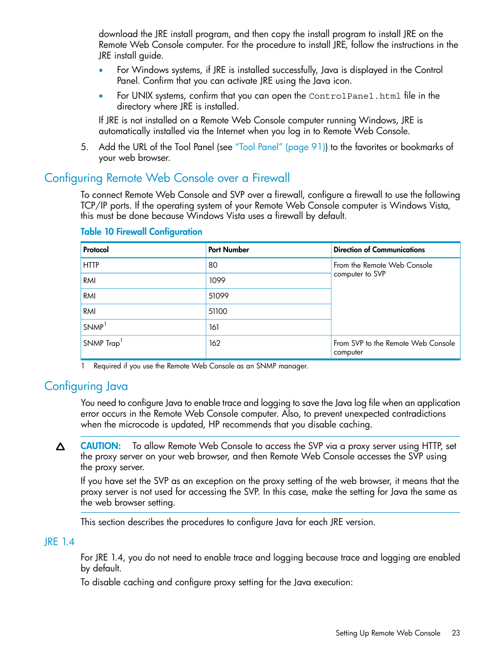 Configuring remote web console over a firewall, Configuring java, Jre 1.4 | HP XP20000XP24000 Disk Array User Manual | Page 23 / 151
