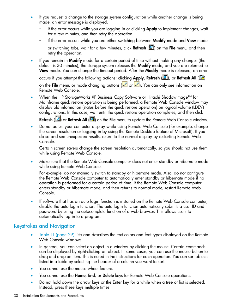 Keystrokes and navigation | HP XP20000XP24000 Disk Array User Manual | Page 30 / 151