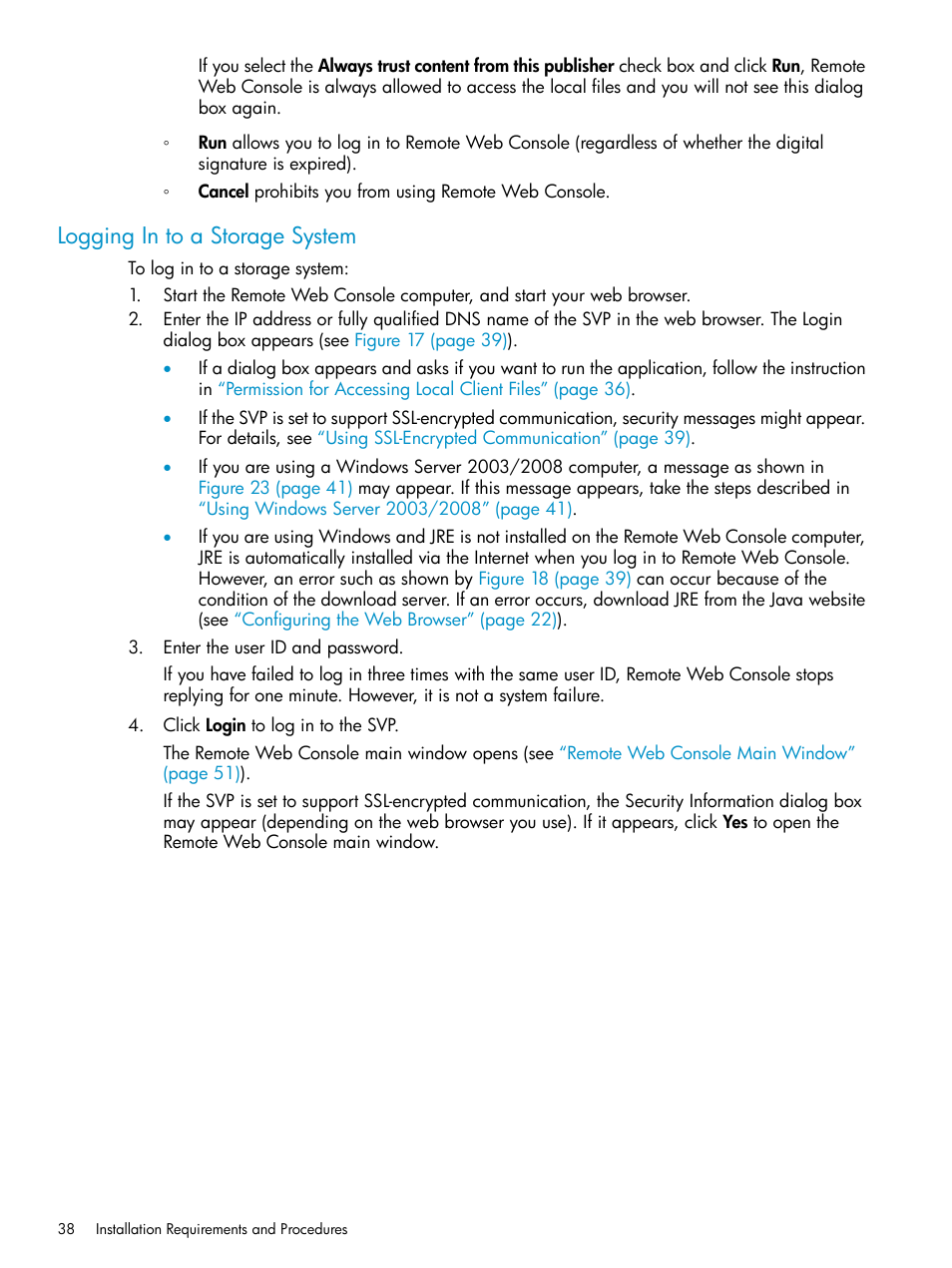 Logging in to a storage system | HP XP20000XP24000 Disk Array User Manual | Page 38 / 151