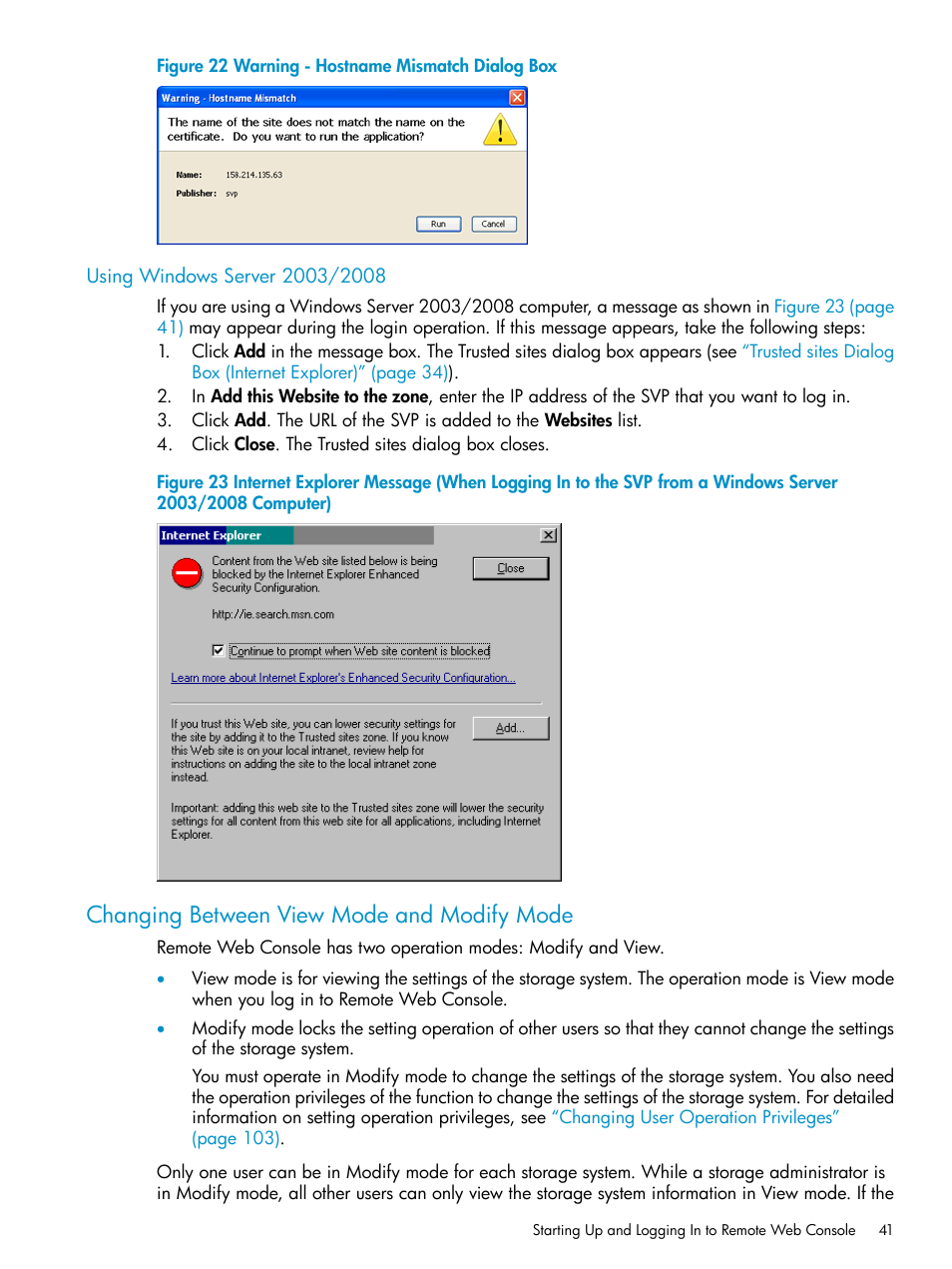 Using windows server 2003/2008, Changing between view mode and modify mode | HP XP20000XP24000 Disk Array User Manual | Page 41 / 151