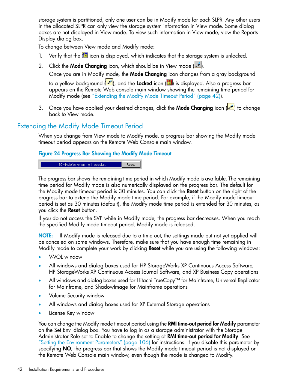 Extending the modify mode timeout period | HP XP20000XP24000 Disk Array User Manual | Page 42 / 151