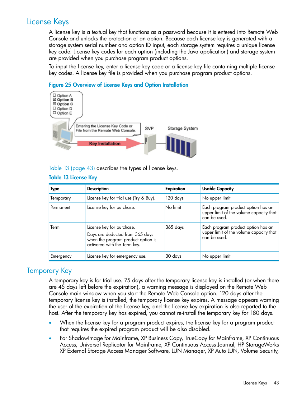 License keys, Temporary key | HP XP20000XP24000 Disk Array User Manual | Page 43 / 151