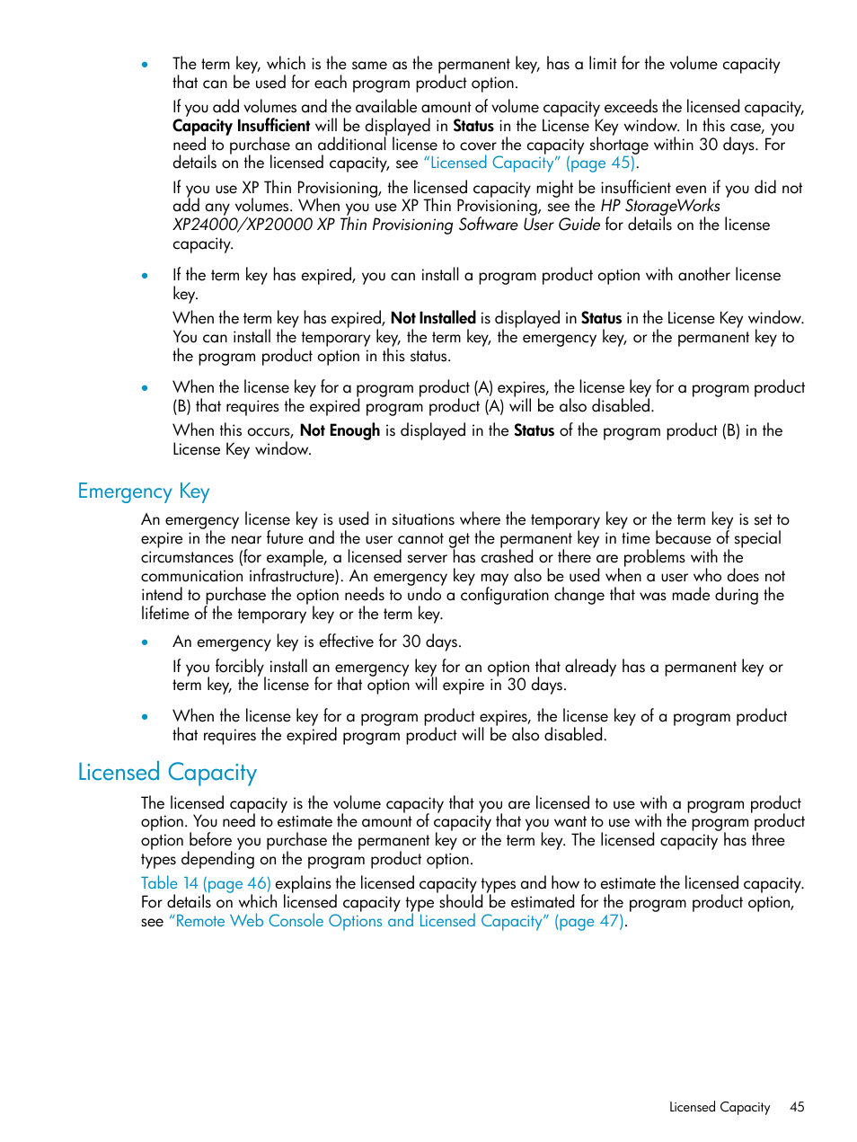 Emergency key, Licensed capacity | HP XP20000XP24000 Disk Array User Manual | Page 45 / 151