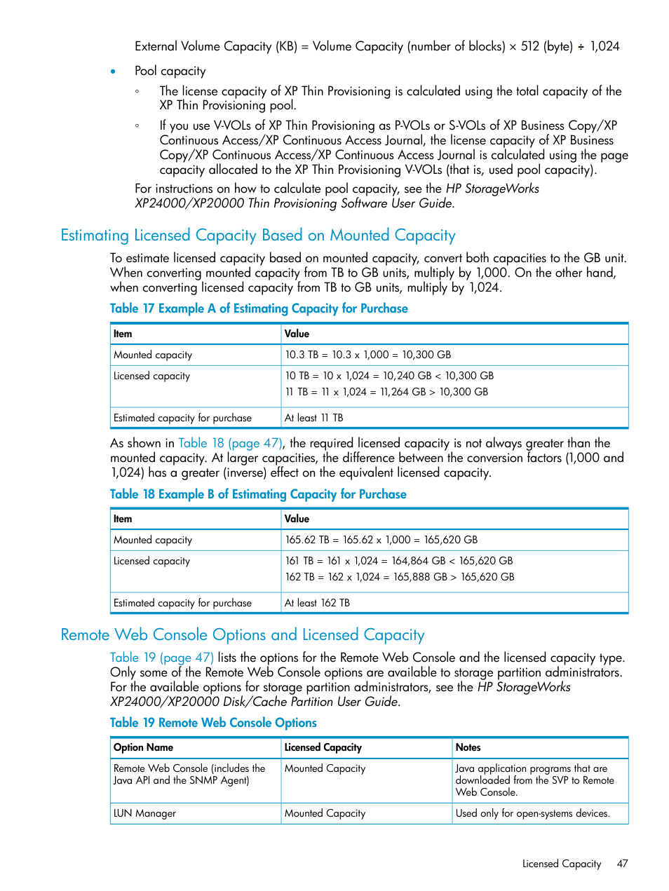 Remote web console options and licensed capacity, Estimating licensed capacity | HP XP20000XP24000 Disk Array User Manual | Page 47 / 151