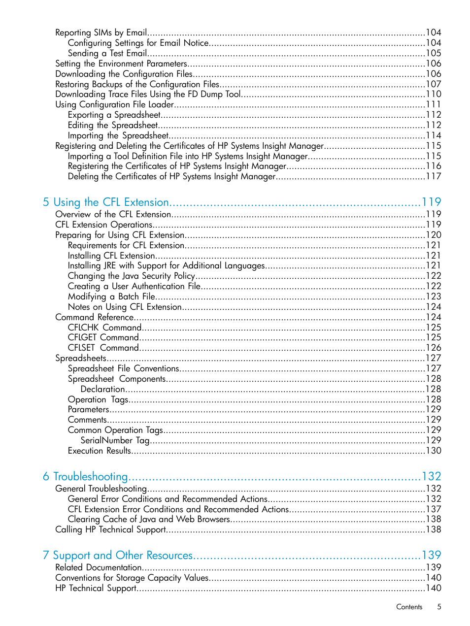 5 using the cfl extension, 6 troubleshooting, 7 support and other resources | HP XP20000XP24000 Disk Array User Manual | Page 5 / 151