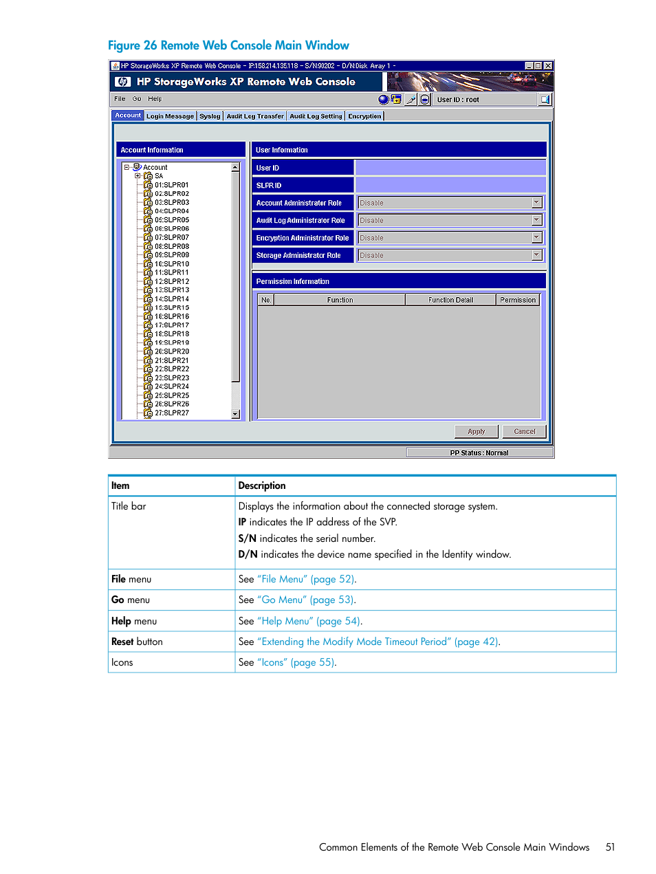 Remote web console main window | HP XP20000XP24000 Disk Array User Manual | Page 51 / 151