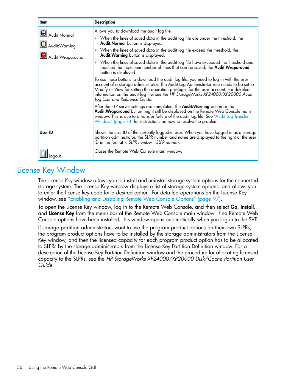License key window | HP XP20000XP24000 Disk Array User Manual | Page 56 / 151