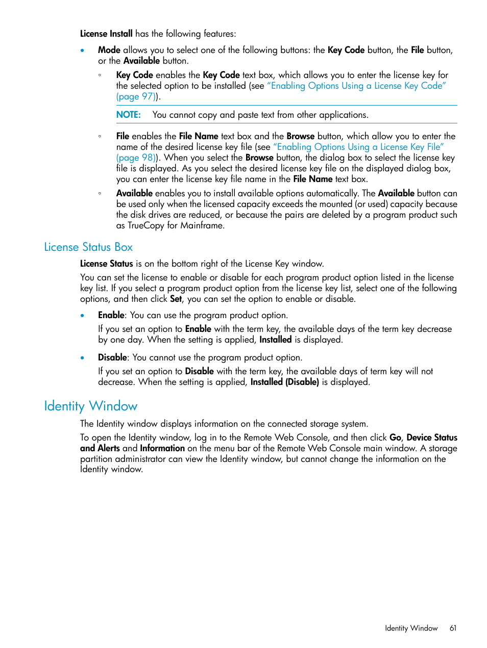 License status box, Identity window, Identity | HP XP20000XP24000 Disk Array User Manual | Page 61 / 151