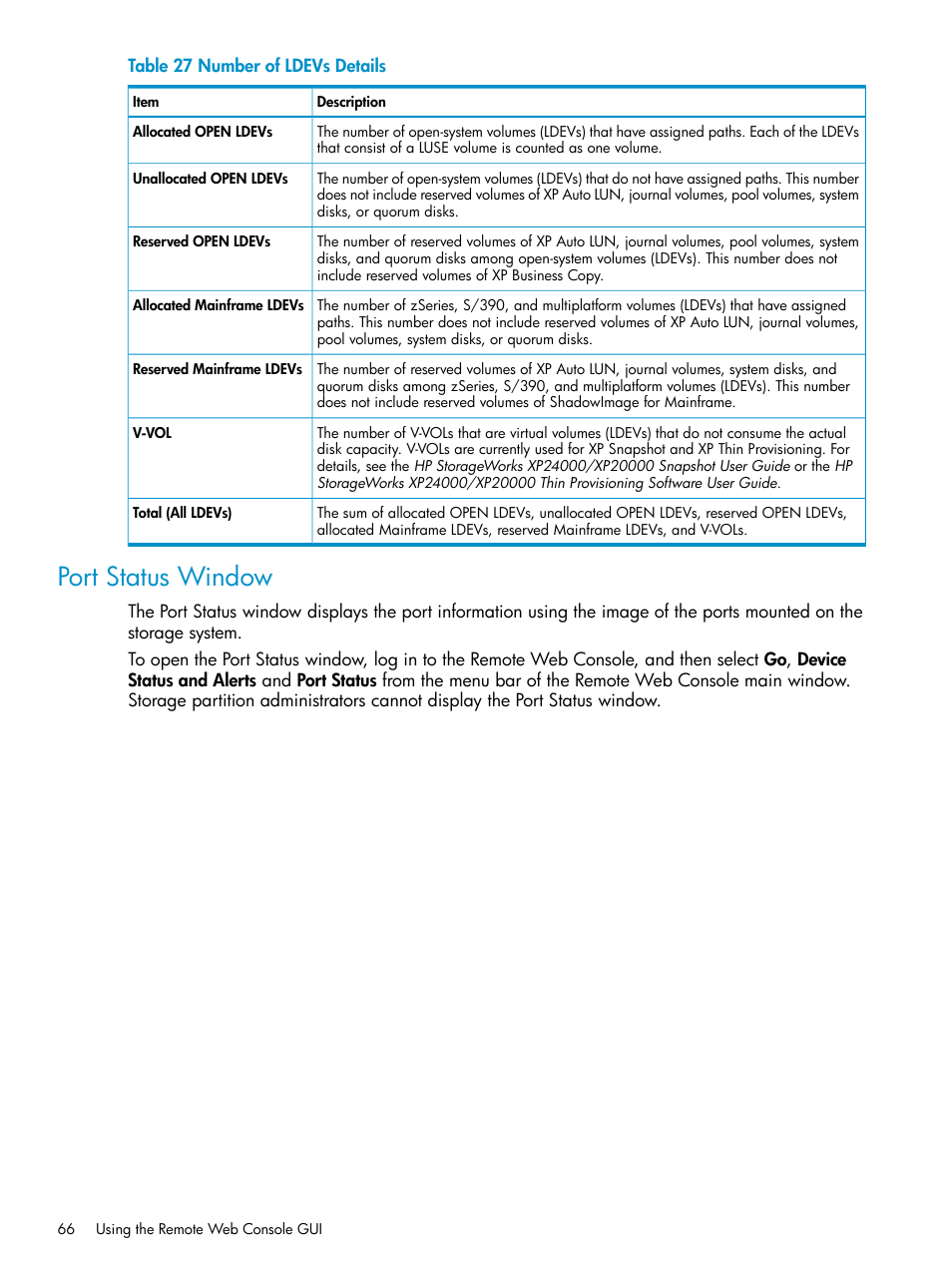 Port status window, Port status | HP XP20000XP24000 Disk Array User Manual | Page 66 / 151