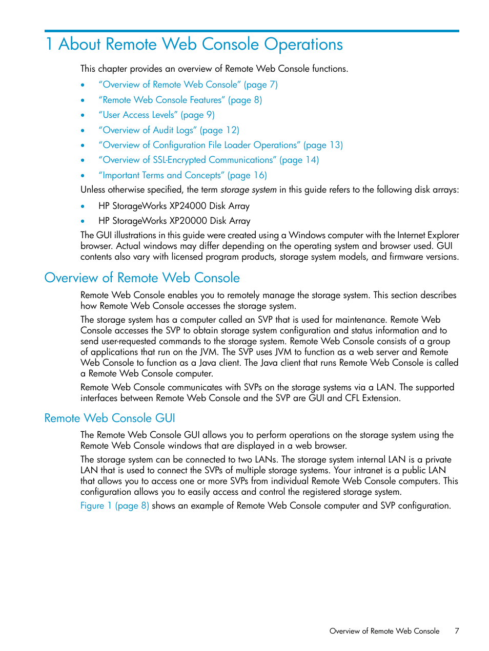 1 about remote web console operations, Overview of remote web console, Remote web console gui | HP XP20000XP24000 Disk Array User Manual | Page 7 / 151