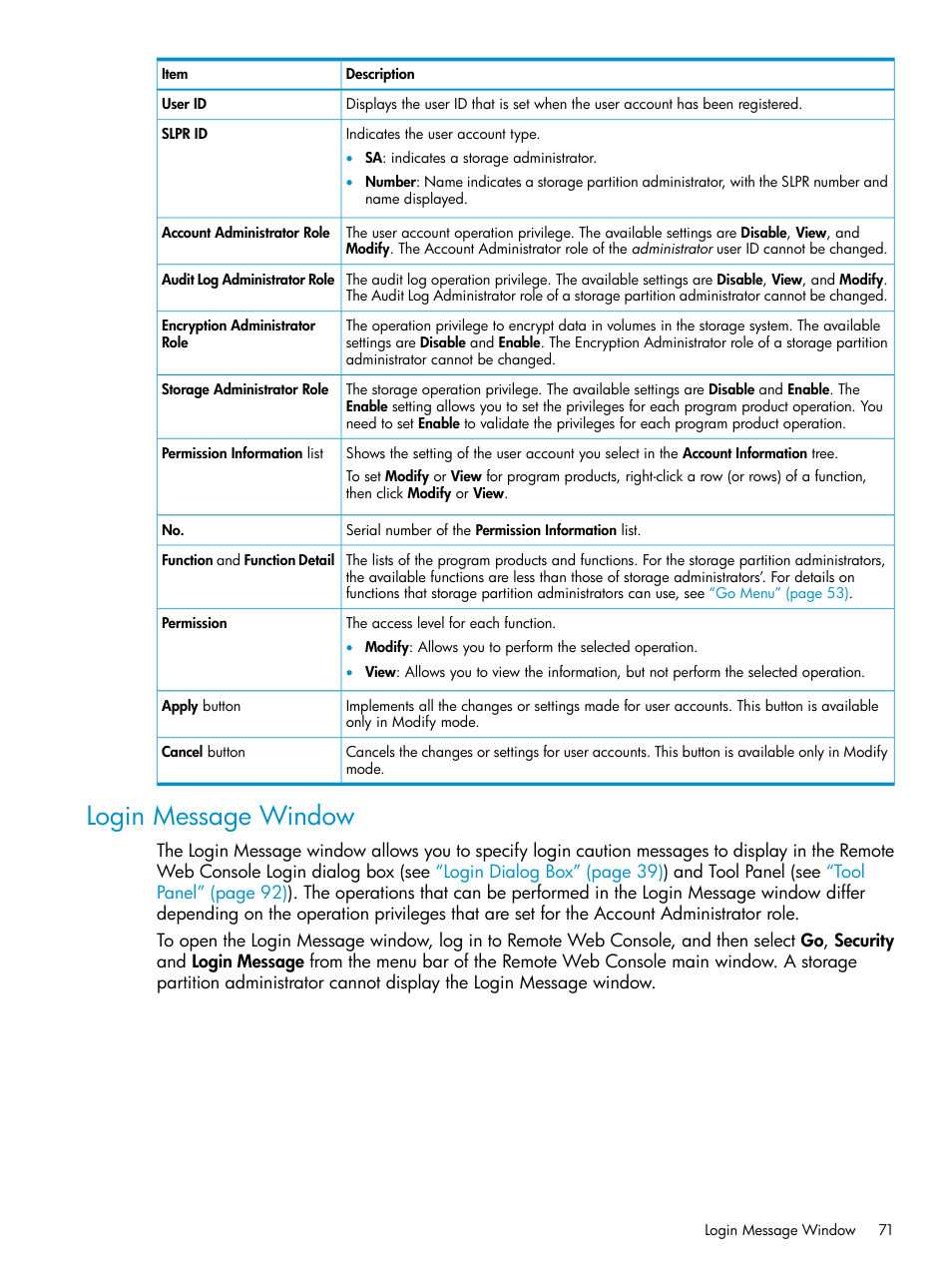Login message window | HP XP20000XP24000 Disk Array User Manual | Page 71 / 151