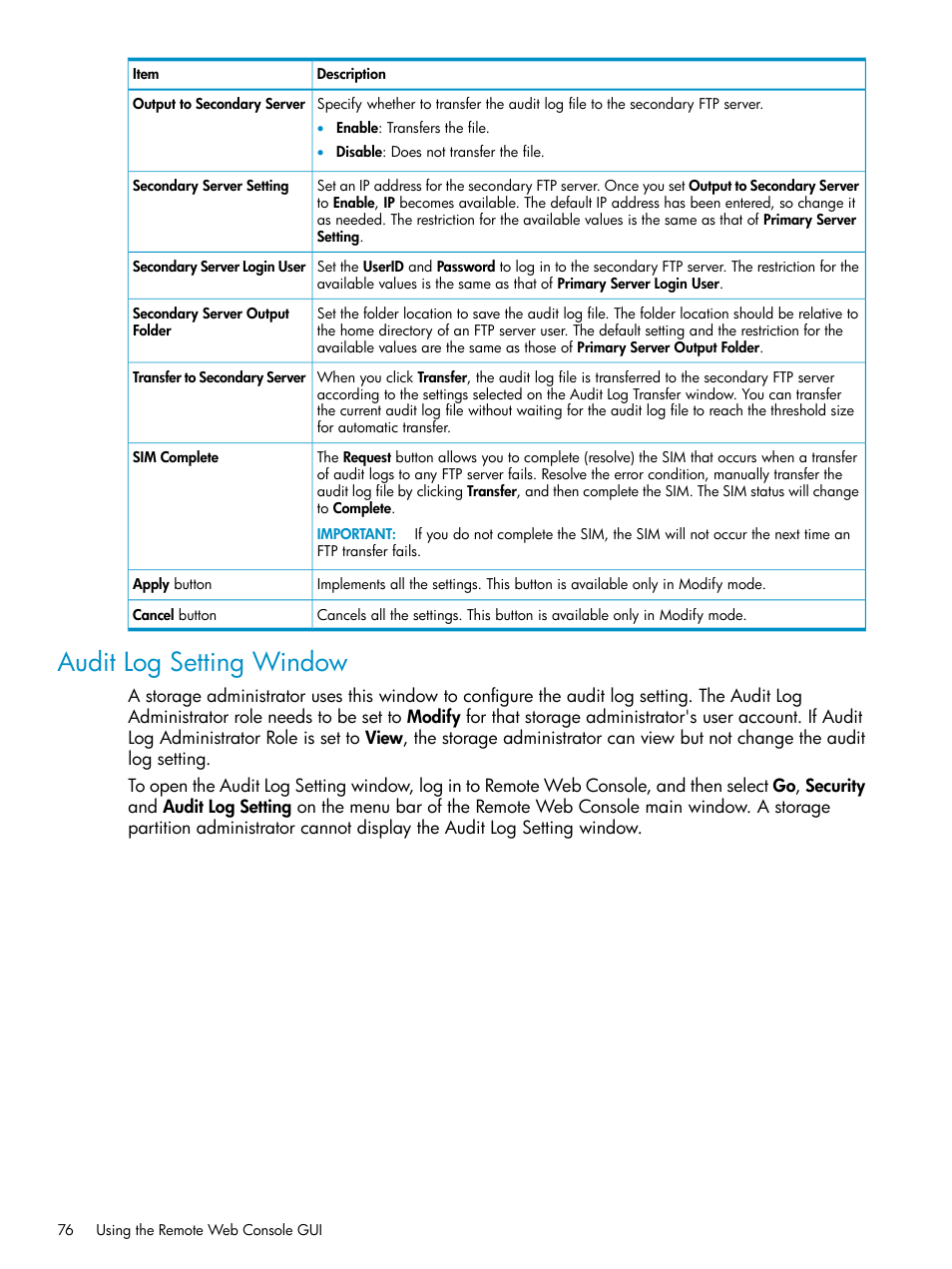 Audit log setting window | HP XP20000XP24000 Disk Array User Manual | Page 76 / 151