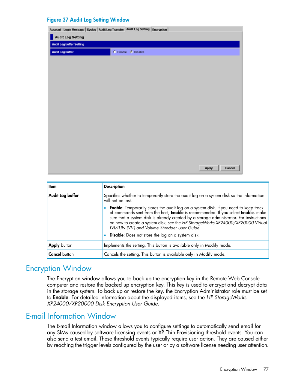 Encryption window, E-mail information window, Encryption window e-mail information window | E-mail information | HP XP20000XP24000 Disk Array User Manual | Page 77 / 151