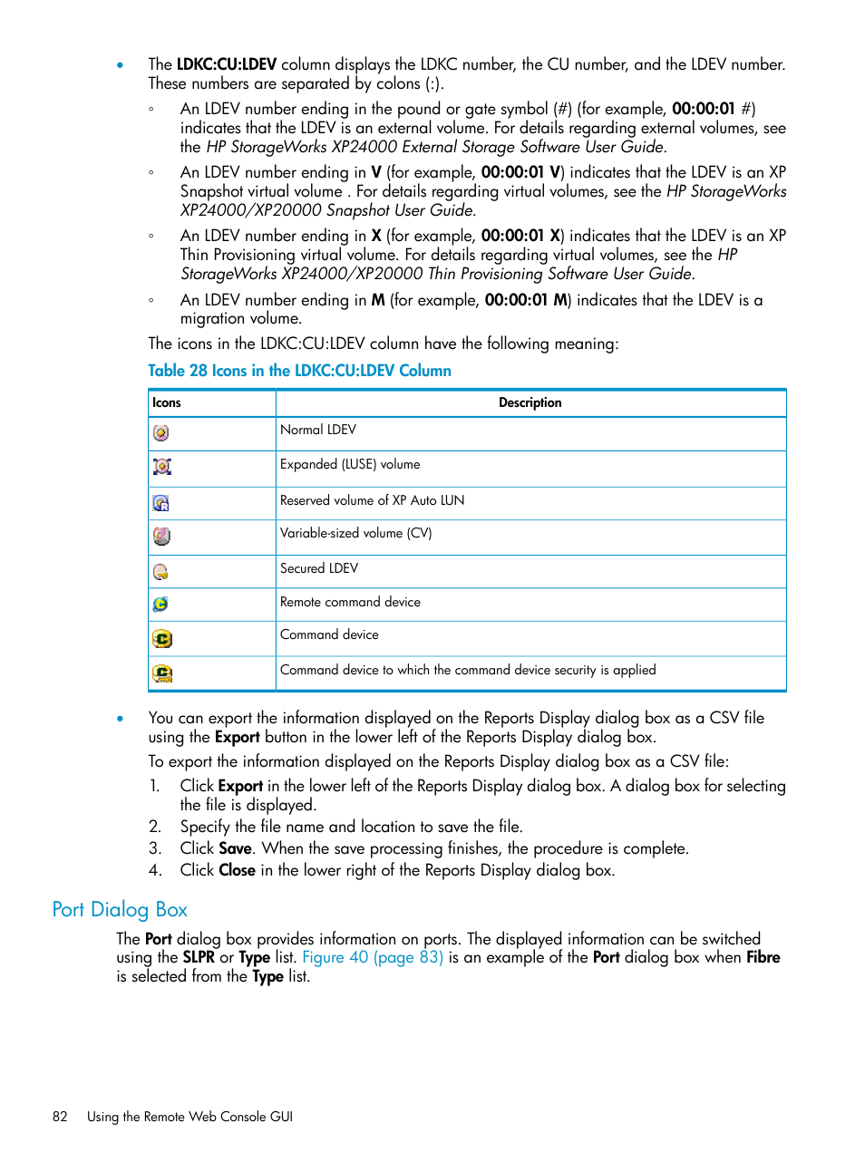 Port dialog box | HP XP20000XP24000 Disk Array User Manual | Page 82 / 151