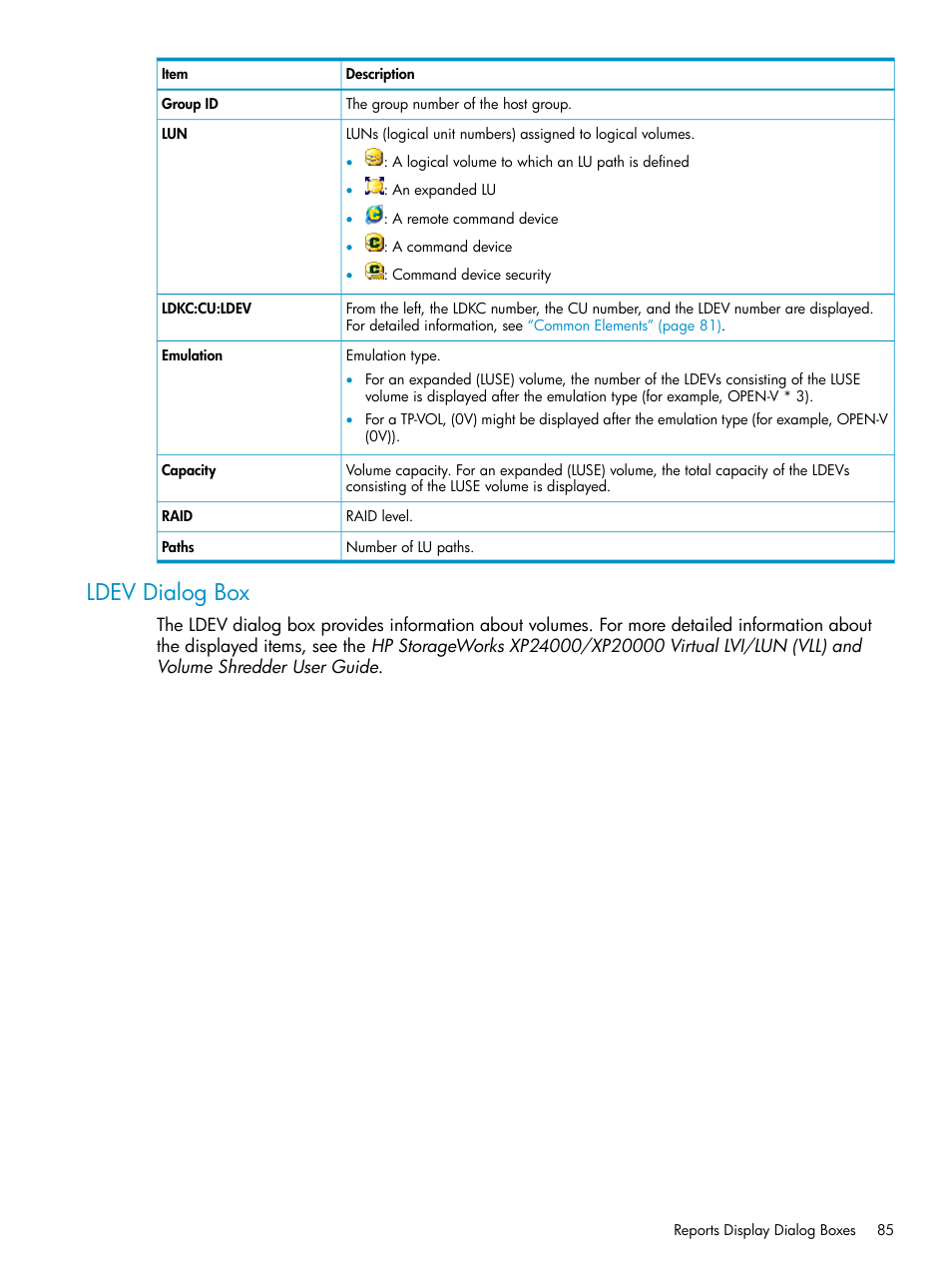 Ldev dialog box | HP XP20000XP24000 Disk Array User Manual | Page 85 / 151