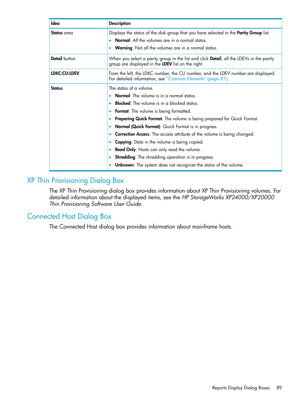 Xp thin provisioning dialog box, Connected host dialog box | HP XP20000XP24000 Disk Array User Manual | Page 89 / 151