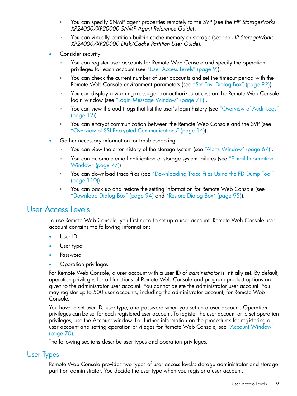 User access levels, User types | HP XP20000XP24000 Disk Array User Manual | Page 9 / 151