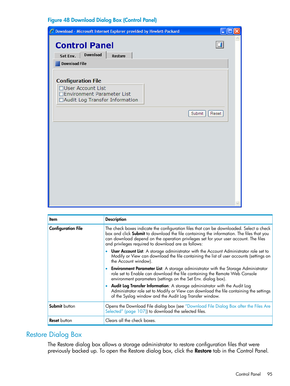 Restore dialog box | HP XP20000XP24000 Disk Array User Manual | Page 95 / 151