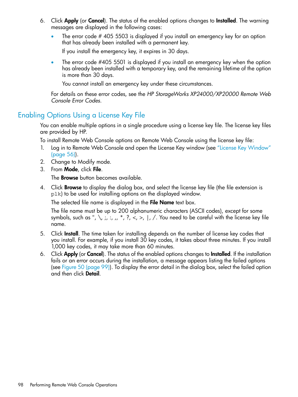 Enabling options using a license key file | HP XP20000XP24000 Disk Array User Manual | Page 98 / 151