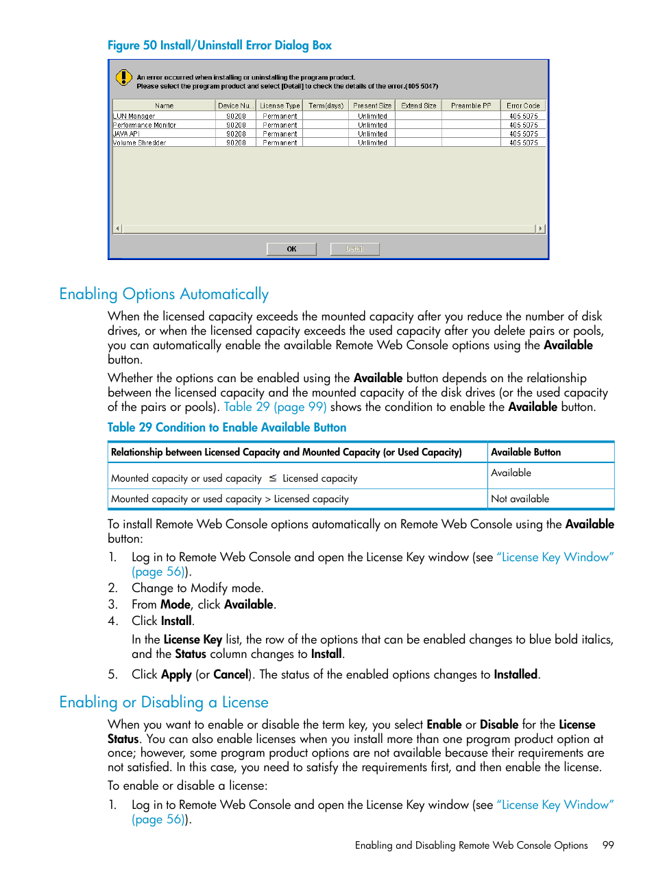 Enabling options automatically, Enabling or disabling a license, Enabling options | Enabling or disabling a | HP XP20000XP24000 Disk Array User Manual | Page 99 / 151