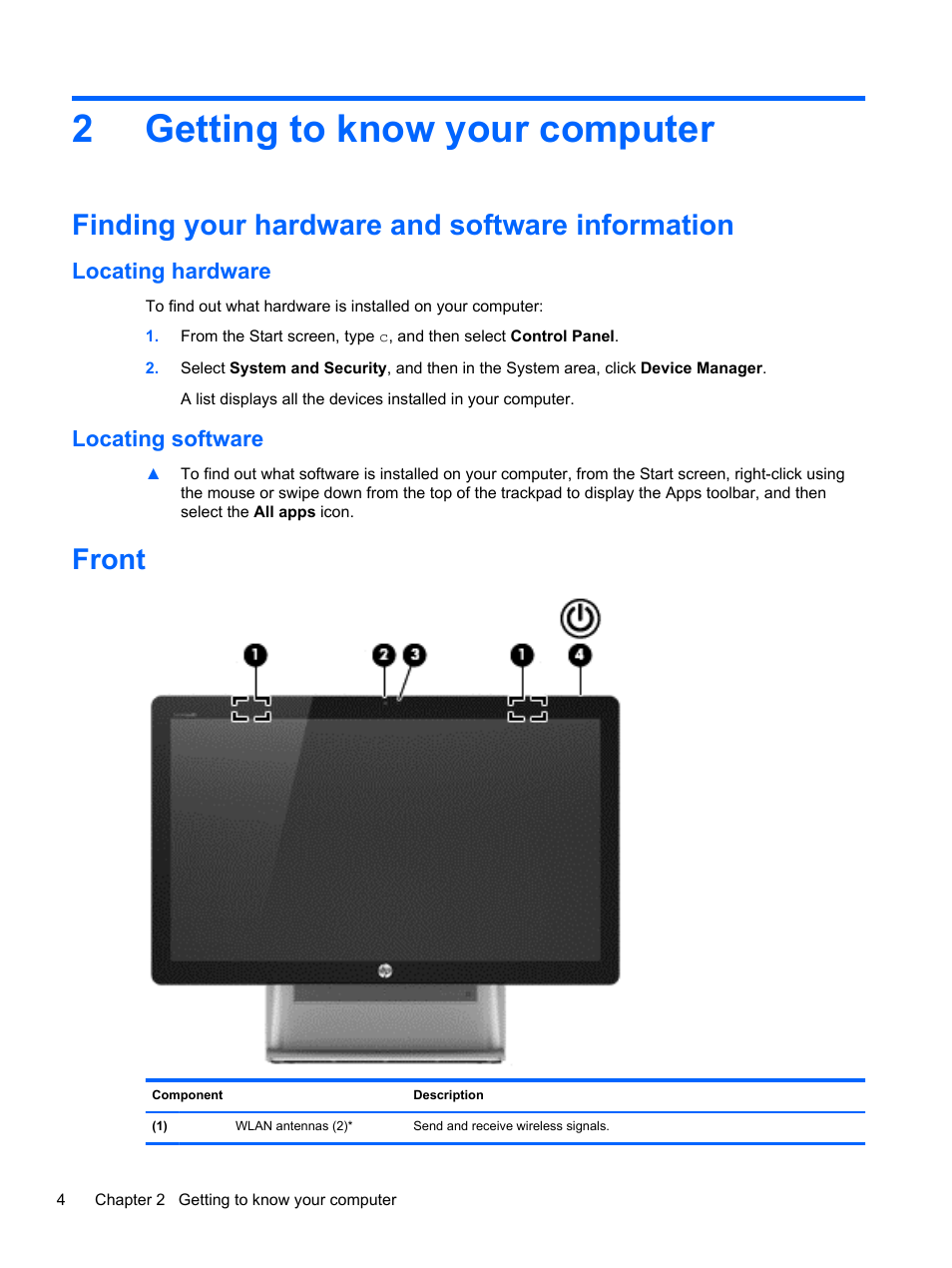 Getting to know your computer, Finding your hardware and software information, Locating hardware | Locating software, Front, 2 getting to know your computer, Locating hardware locating software, Getting to, 2getting to know your computer | HP Spectre ONE 23-e010se All-in-One CTO Desktop PC User Manual | Page 10 / 60