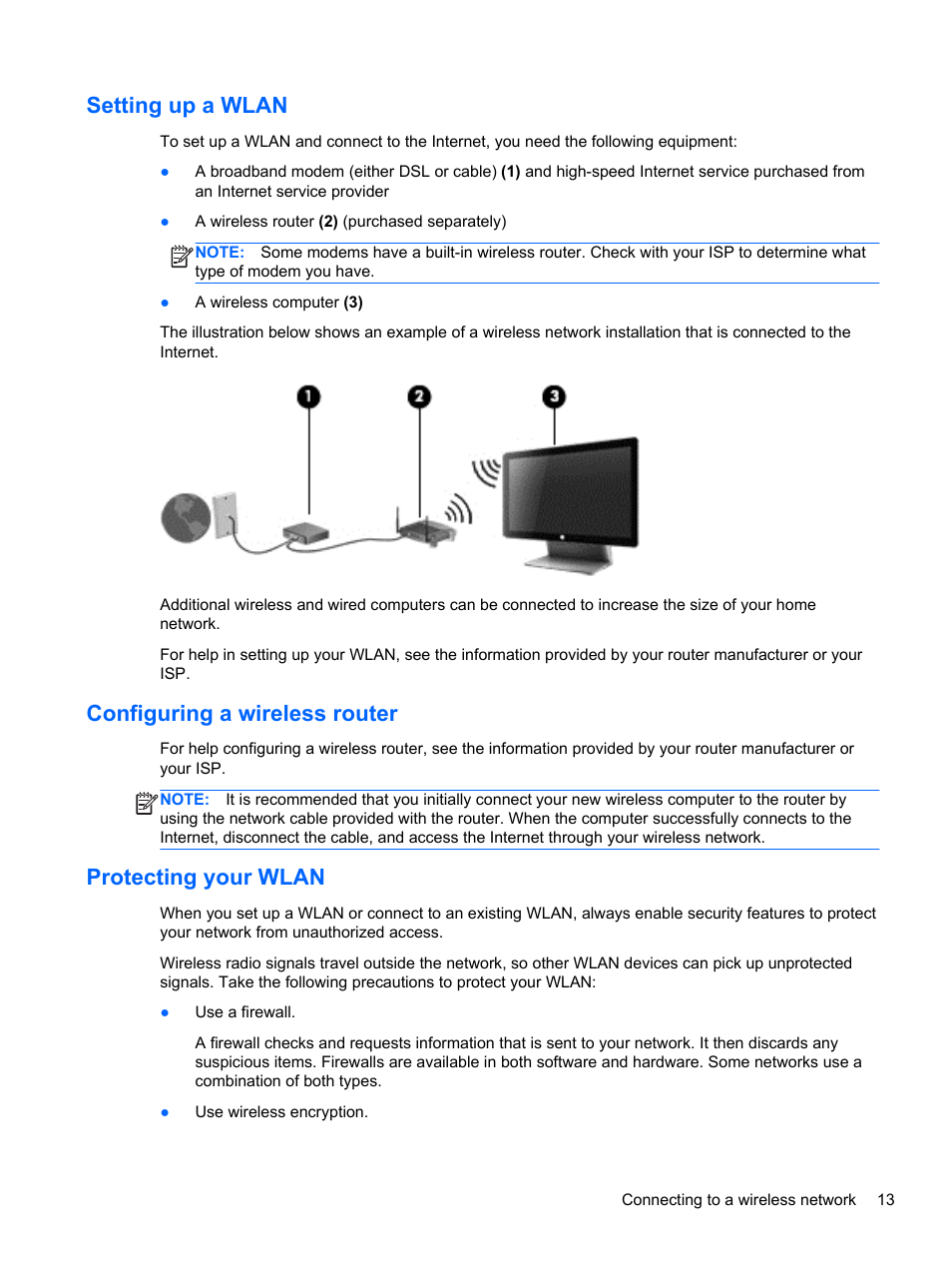 Setting up a wlan, Configuring a wireless router, Protecting your wlan | HP Spectre ONE 23-e010se All-in-One CTO Desktop PC User Manual | Page 19 / 60