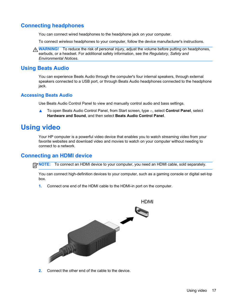 Connecting headphones, Using beats audio, Accessing beats audio | Using video, Connecting an hdmi device, Connecting headphones using beats audio | HP Spectre ONE 23-e010se All-in-One CTO Desktop PC User Manual | Page 23 / 60