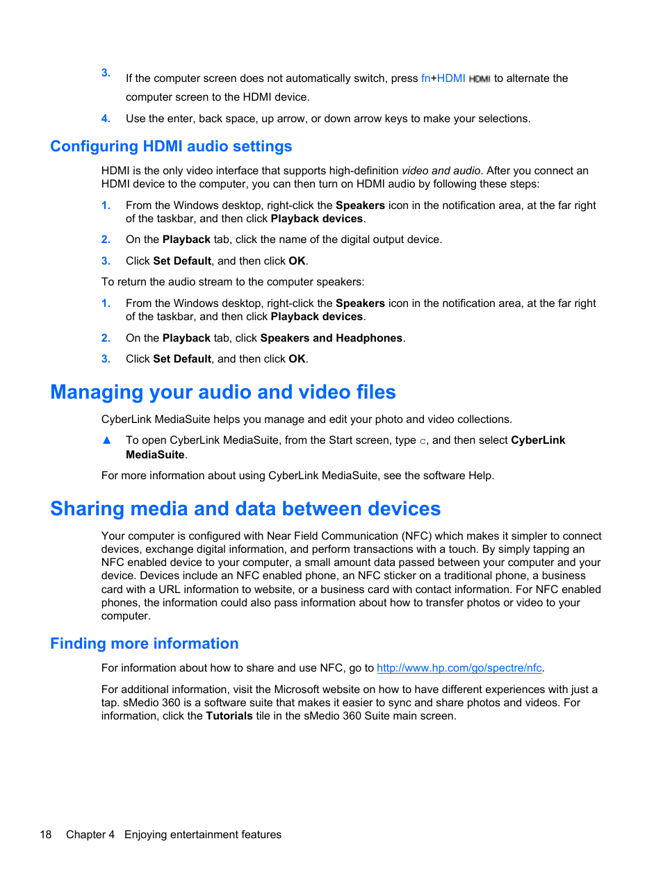 Configuring hdmi audio settings, Managing your audio and video files, Sharing media and data between devices | Finding more information | HP Spectre ONE 23-e010se All-in-One CTO Desktop PC User Manual | Page 24 / 60
