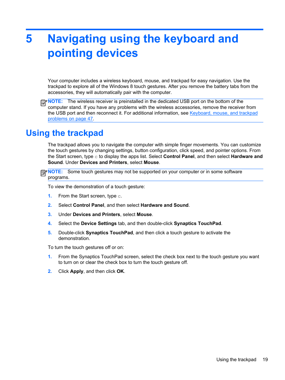 Navigating using the keyboard and pointing devices, Using the trackpad | HP Spectre ONE 23-e010se All-in-One CTO Desktop PC User Manual | Page 25 / 60