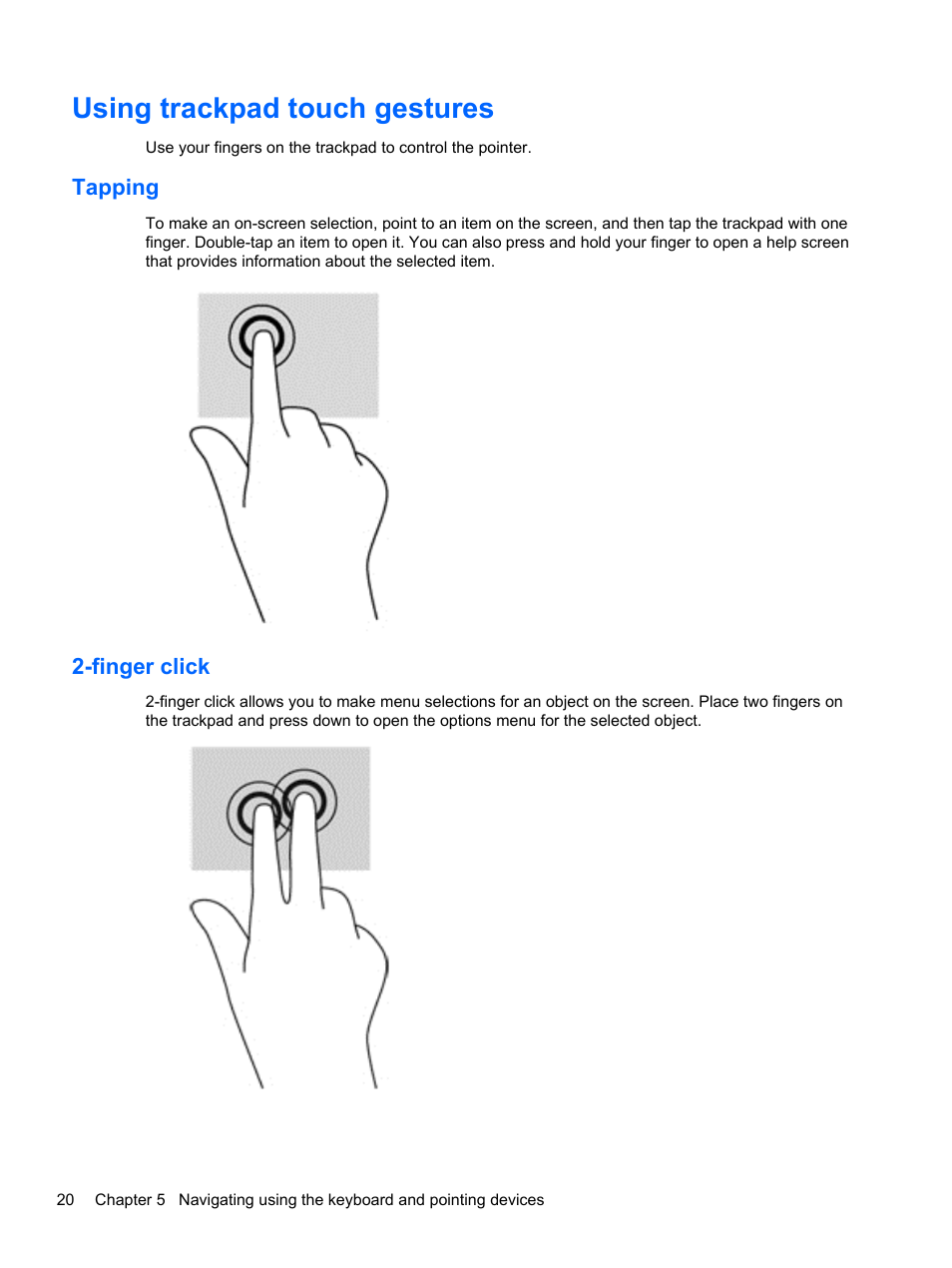 Using trackpad touch gestures, Tapping, Finger click | Tapping 2-finger click | HP Spectre ONE 23-e010se All-in-One CTO Desktop PC User Manual | Page 26 / 60