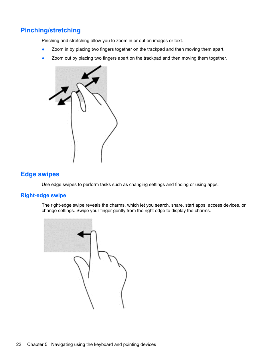 Pinching/stretching, Edge swipes, Right-edge swipe | Pinching/stretching edge swipes | HP Spectre ONE 23-e010se All-in-One CTO Desktop PC User Manual | Page 28 / 60