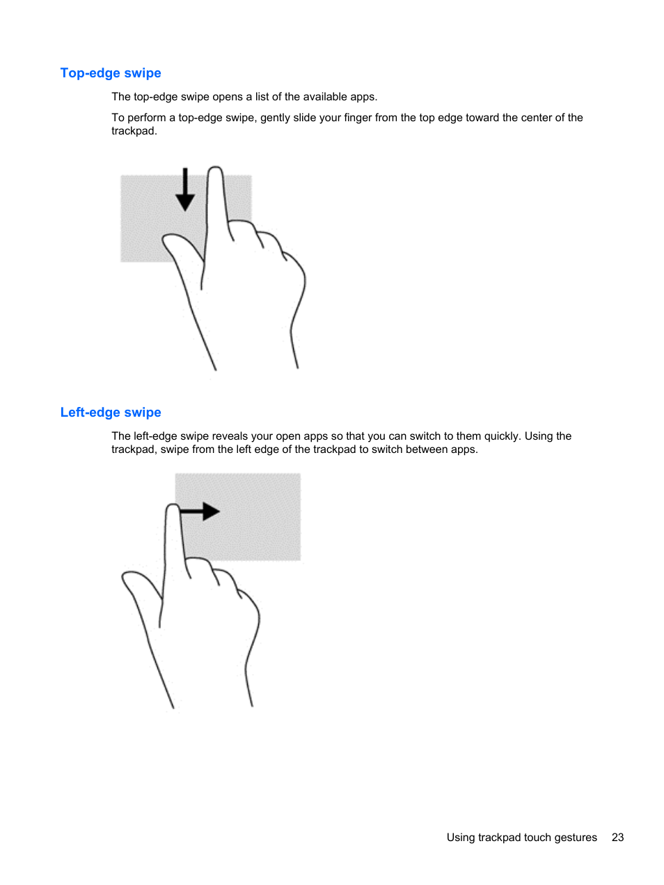 Top-edge swipe, Left-edge swipe, Top-edge swipe left-edge swipe | HP Spectre ONE 23-e010se All-in-One CTO Desktop PC User Manual | Page 29 / 60