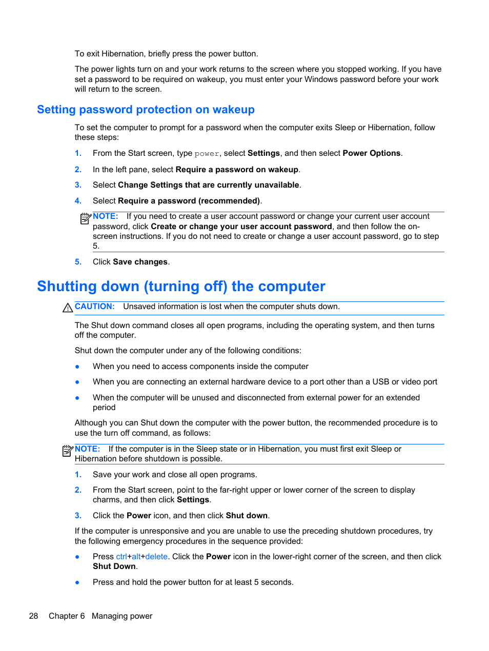 Setting password protection on wakeup, Shutting down (turning off) the computer | HP Spectre ONE 23-e010se All-in-One CTO Desktop PC User Manual | Page 34 / 60