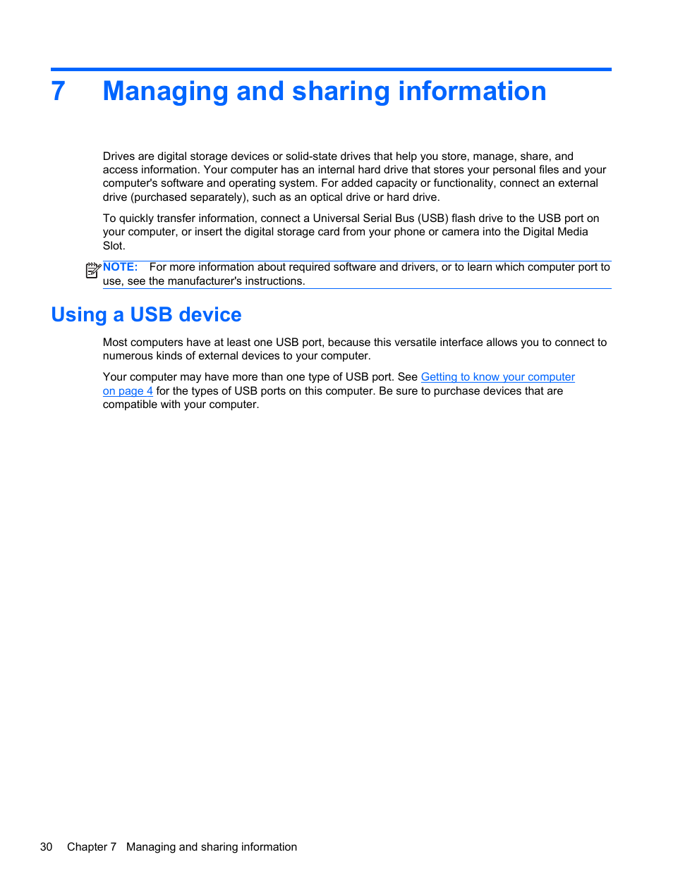 Managing and sharing information, Using a usb device, 7 managing and sharing information | 7managing and sharing information | HP Spectre ONE 23-e010se All-in-One CTO Desktop PC User Manual | Page 36 / 60