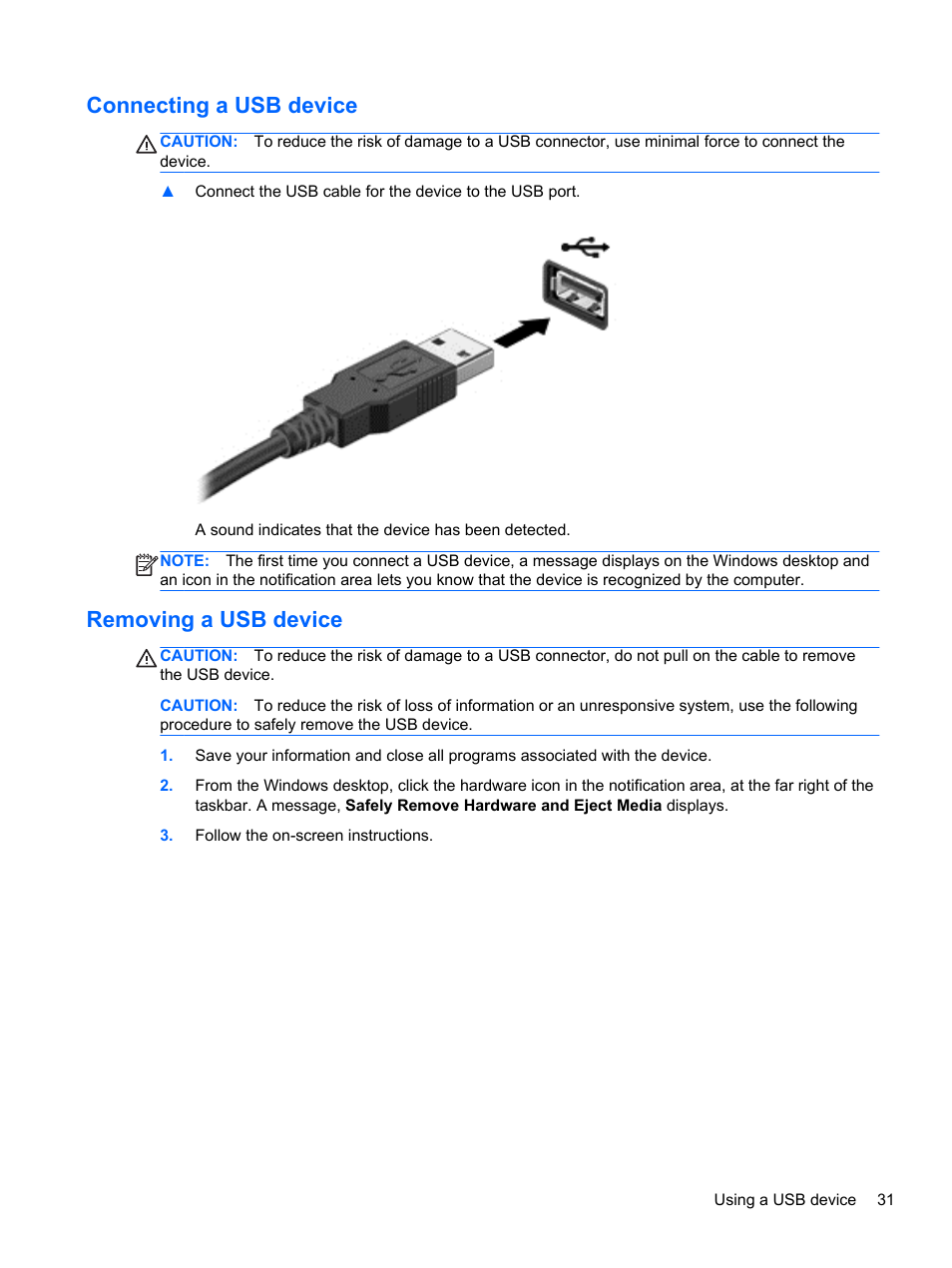 Connecting a usb device, Removing a usb device, Connecting a usb device removing a usb device | HP Spectre ONE 23-e010se All-in-One CTO Desktop PC User Manual | Page 37 / 60