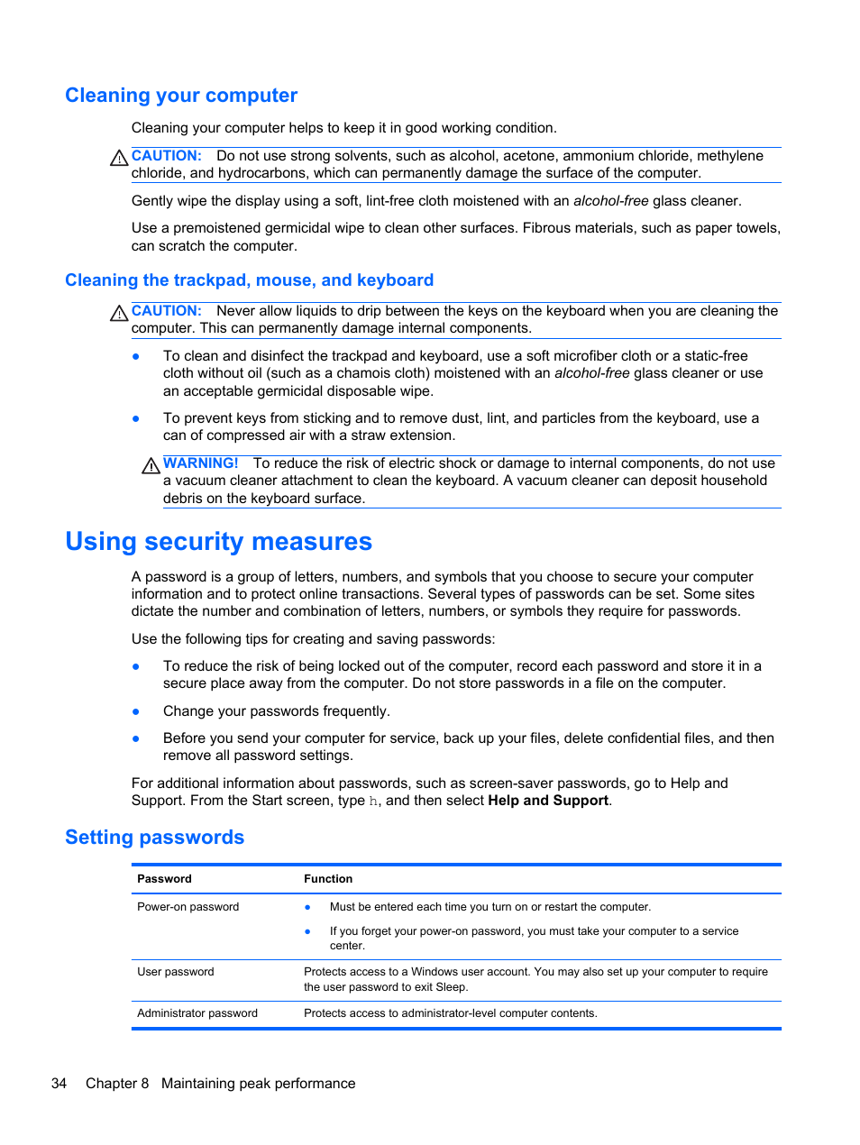 Cleaning your computer, Cleaning the trackpad, mouse, and keyboard, Using security measures | Setting passwords | HP Spectre ONE 23-e010se All-in-One CTO Desktop PC User Manual | Page 40 / 60