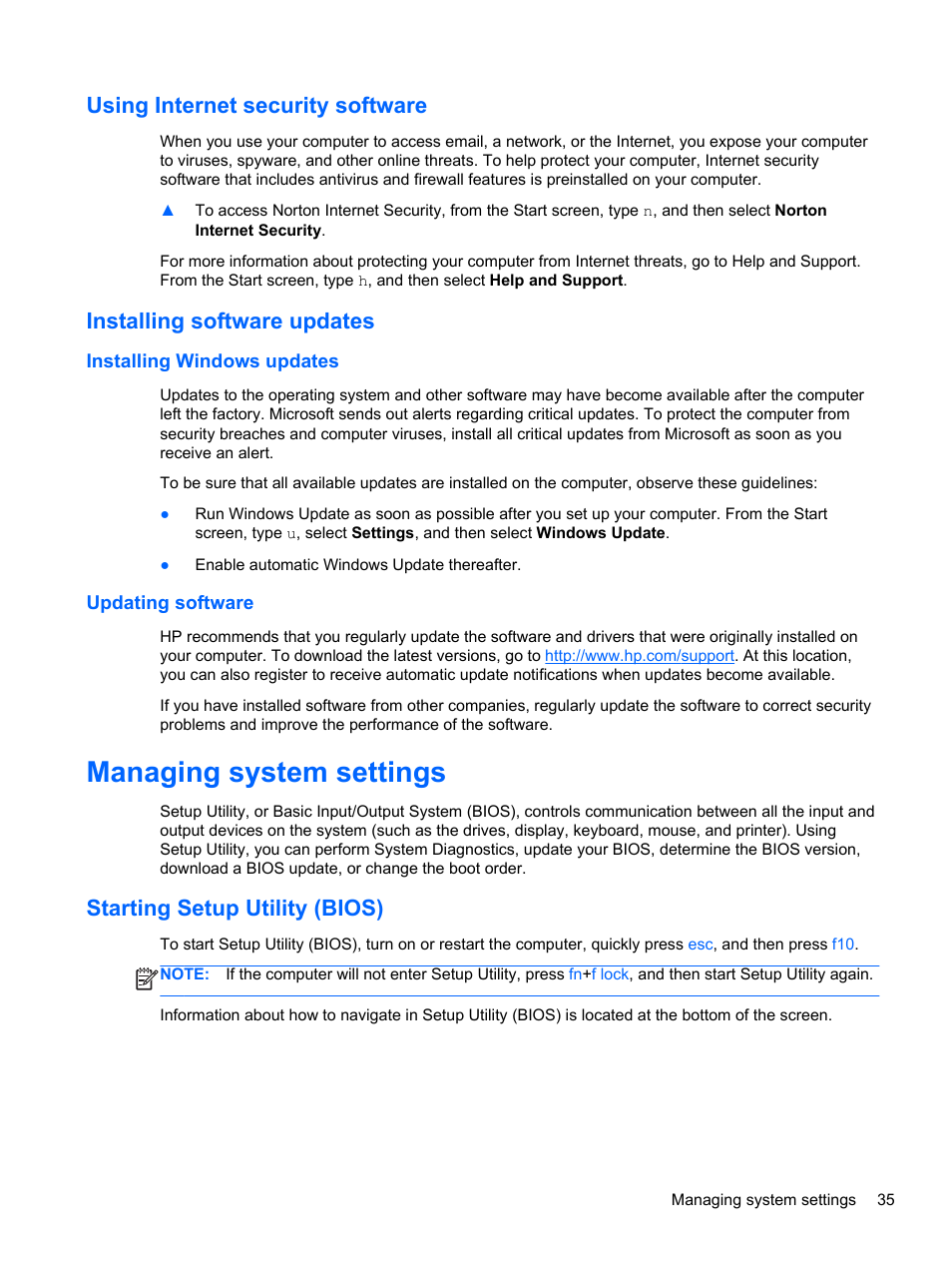 Using internet security software, Installing software updates, Installing windows updates | Updating software, Managing system settings, Starting setup utility (bios), Installing windows updates updating software | HP Spectre ONE 23-e010se All-in-One CTO Desktop PC User Manual | Page 41 / 60