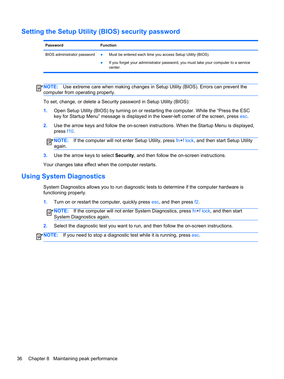 Setting the setup utility (bios) security password, Using system diagnostics | HP Spectre ONE 23-e010se All-in-One CTO Desktop PC User Manual | Page 42 / 60