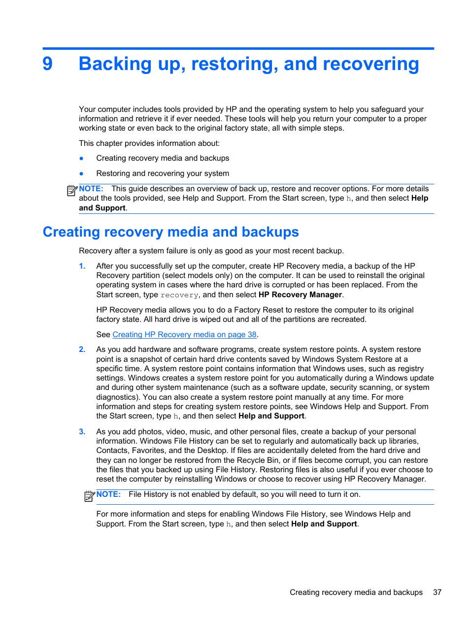 Backing up, restoring, and recovering, Creating recovery media and backups, 9 backing up, restoring, and recovering | 9backing up, restoring, and recovering | HP Spectre ONE 23-e010se All-in-One CTO Desktop PC User Manual | Page 43 / 60
