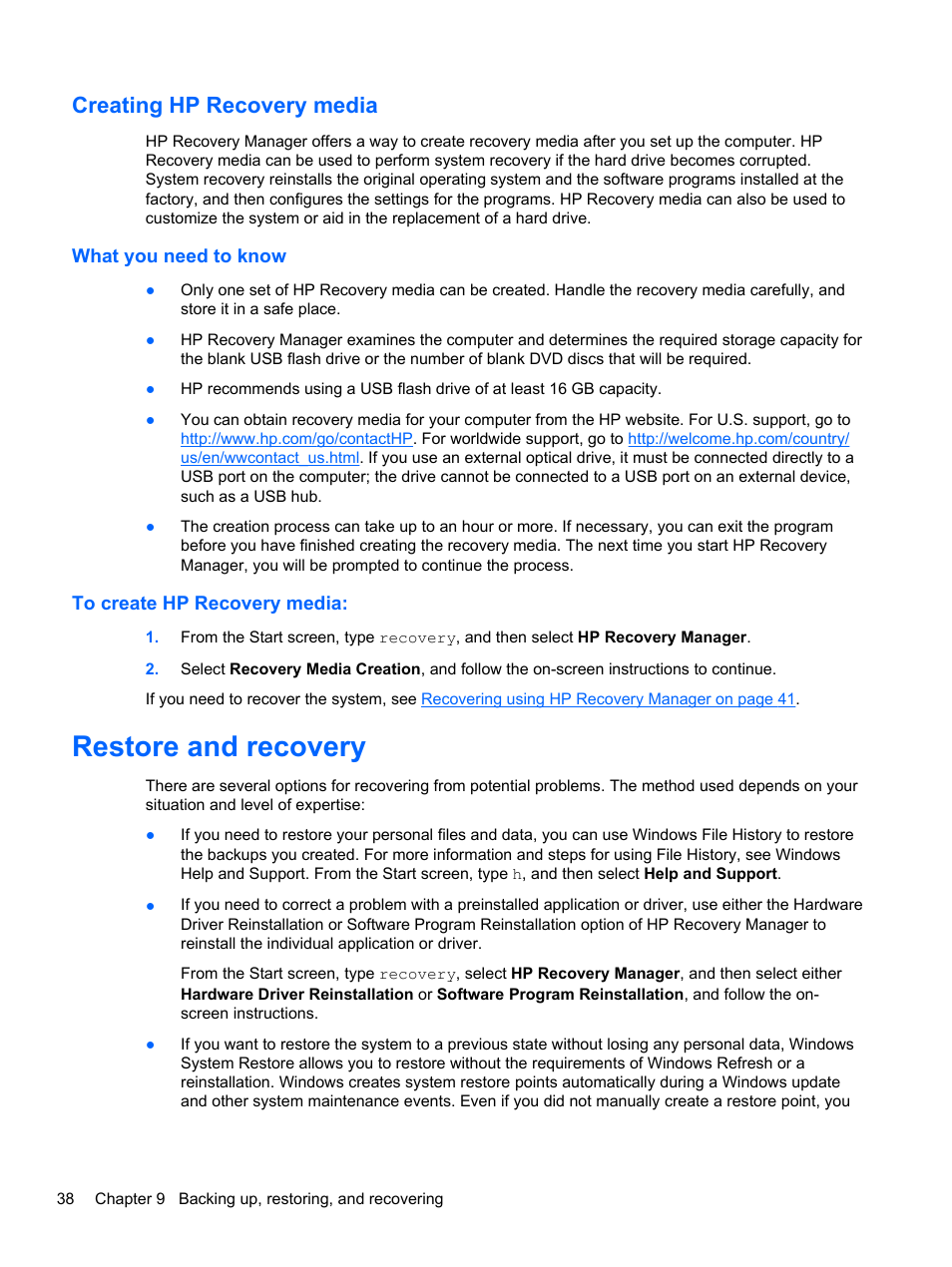 Creating hp recovery media, What you need to know, To create hp recovery media | Restore and recovery, What you need to know to create hp recovery media | HP Spectre ONE 23-e010se All-in-One CTO Desktop PC User Manual | Page 44 / 60
