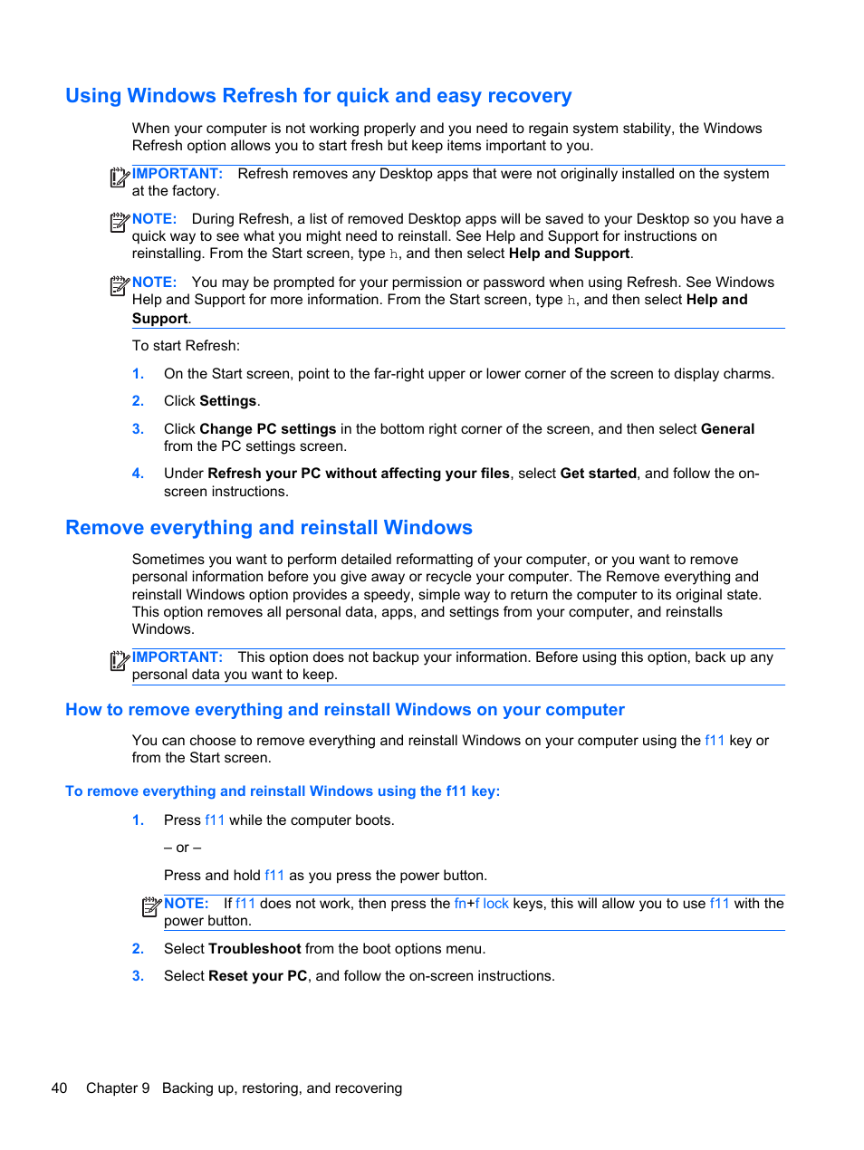 Using windows refresh for quick and easy recovery, Remove everything and reinstall windows, Using windows refresh for quick and | HP Spectre ONE 23-e010se All-in-One CTO Desktop PC User Manual | Page 46 / 60