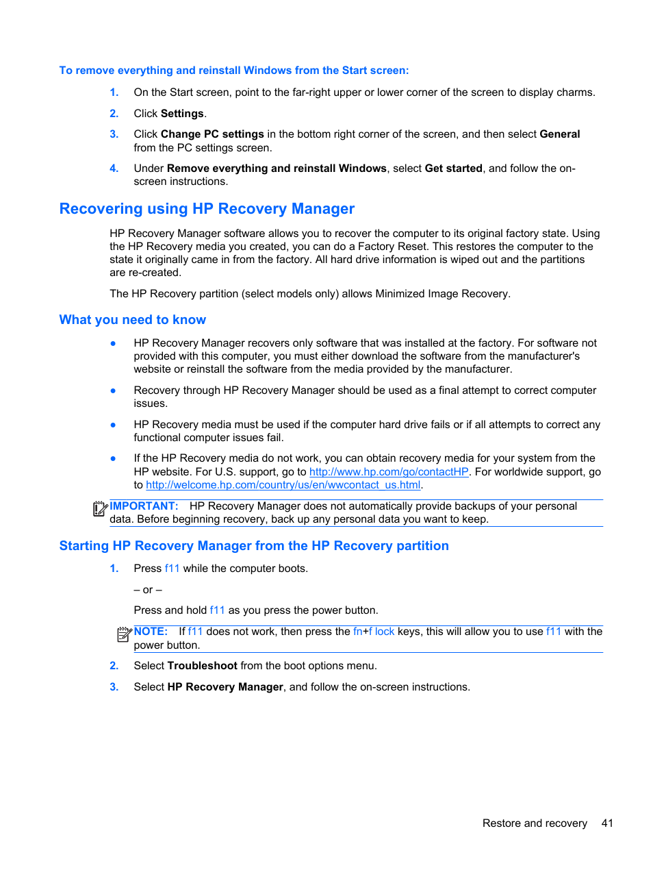 Recovering using hp recovery manager, What you need to know, Recovering | HP Spectre ONE 23-e010se All-in-One CTO Desktop PC User Manual | Page 47 / 60
