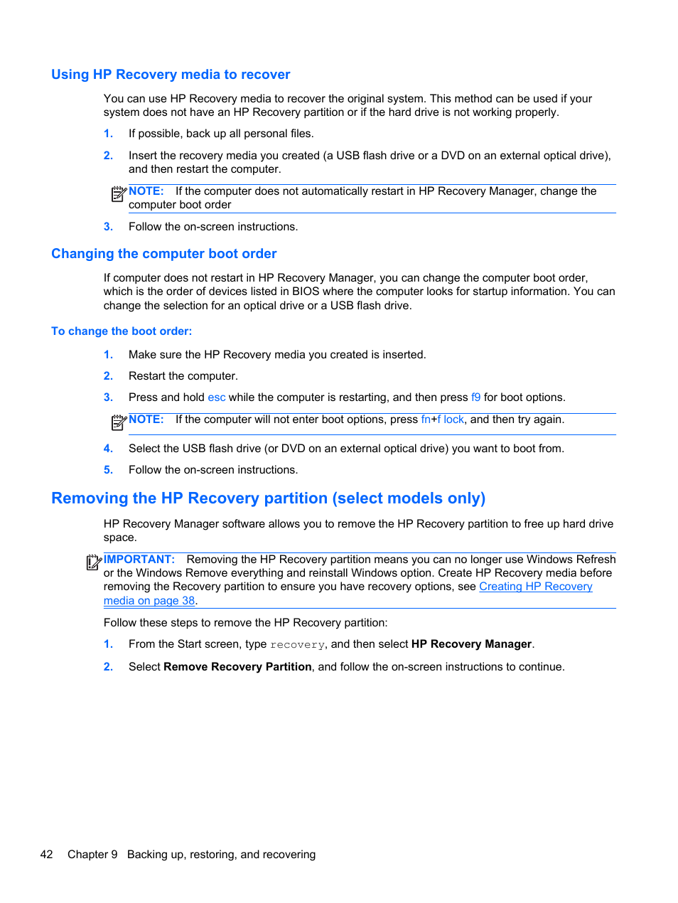 Using hp recovery media to recover, Changing the computer boot order, Removing the hp | HP Spectre ONE 23-e010se All-in-One CTO Desktop PC User Manual | Page 48 / 60