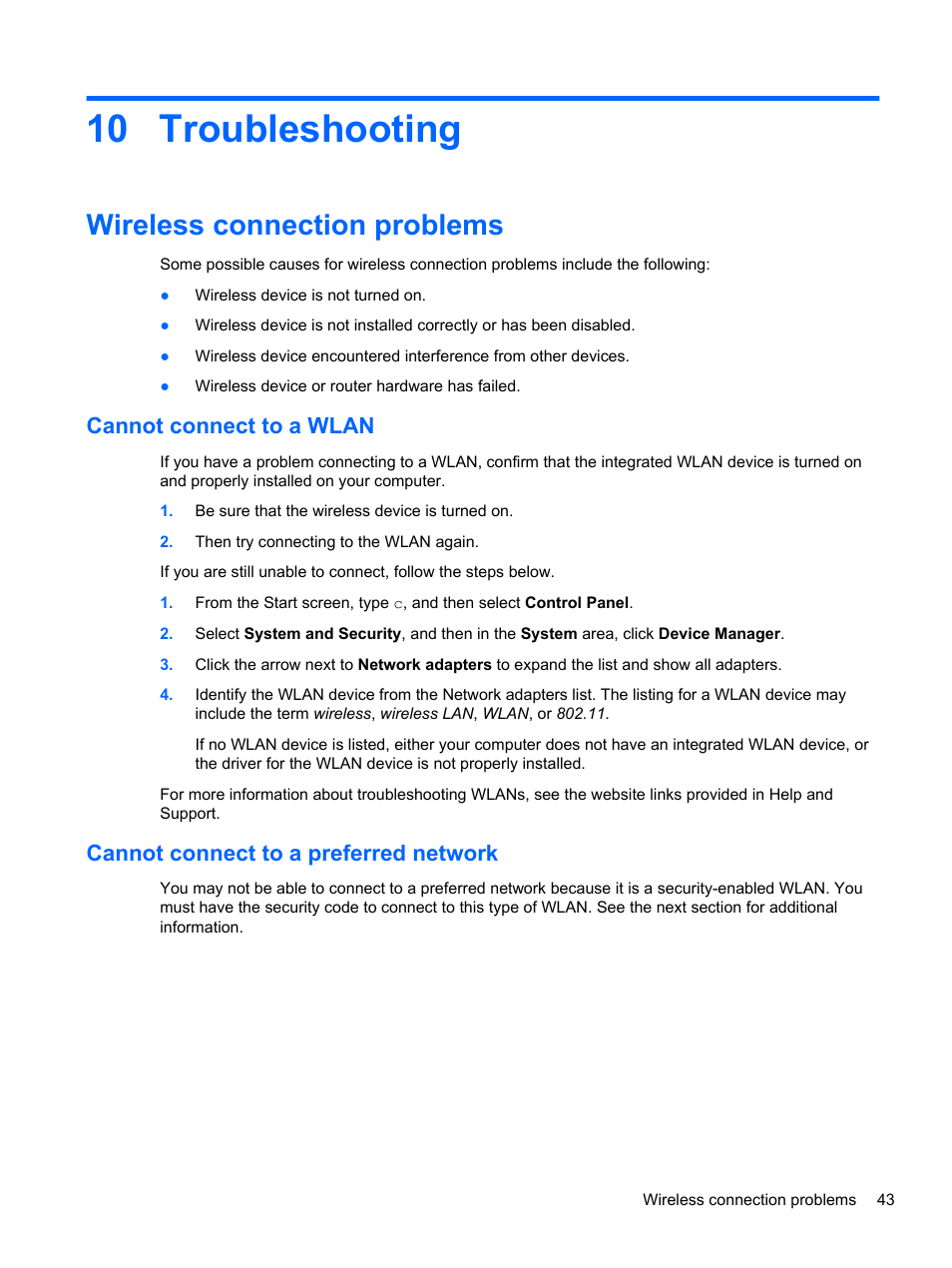 Troubleshooting, Wireless connection problems, Cannot connect to a wlan | Cannot connect to a preferred network, 10 troubleshooting | HP Spectre ONE 23-e010se All-in-One CTO Desktop PC User Manual | Page 49 / 60