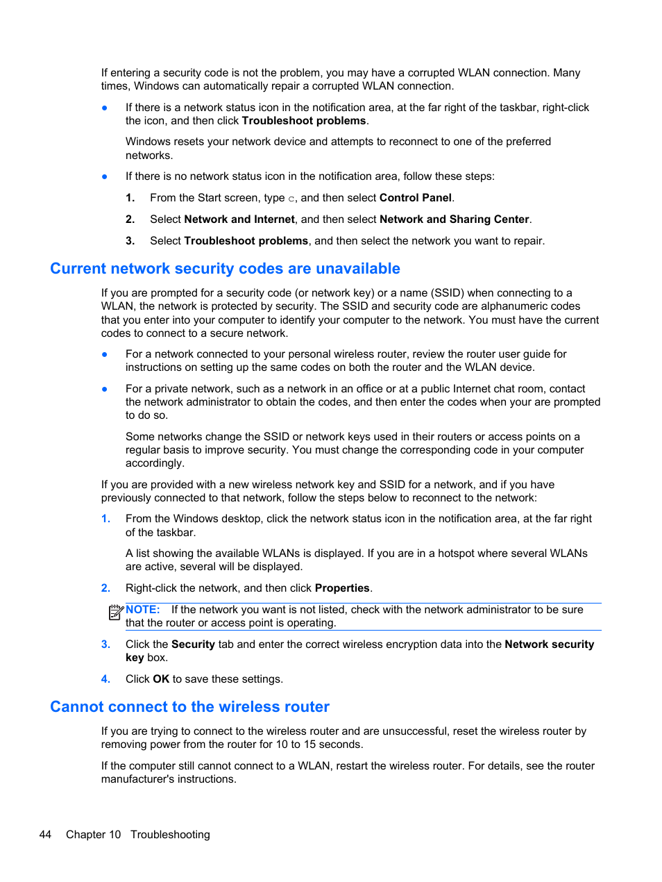 Current network security codes are unavailable, Cannot connect to the wireless router | HP Spectre ONE 23-e010se All-in-One CTO Desktop PC User Manual | Page 50 / 60