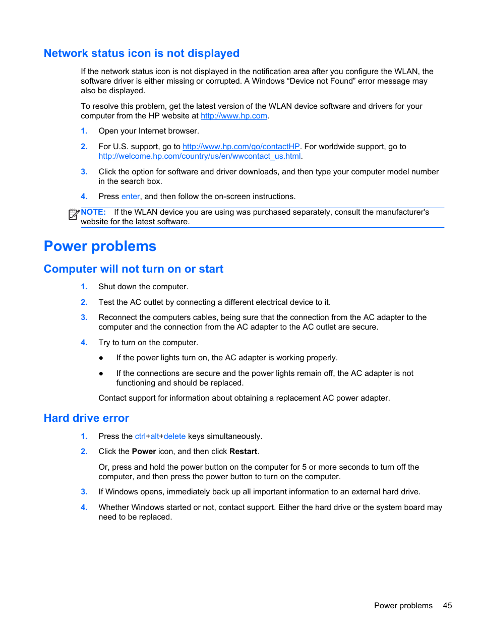 Network status icon is not displayed, Power problems, Computer will not turn on or start | Hard drive error | HP Spectre ONE 23-e010se All-in-One CTO Desktop PC User Manual | Page 51 / 60