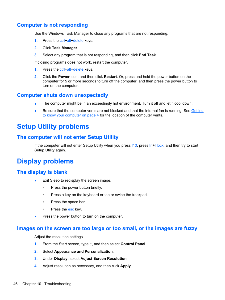 Computer is not responding, Computer shuts down unexpectedly, Setup utility problems | The computer will not enter setup utility, Display problems, The display is blank | HP Spectre ONE 23-e010se All-in-One CTO Desktop PC User Manual | Page 52 / 60