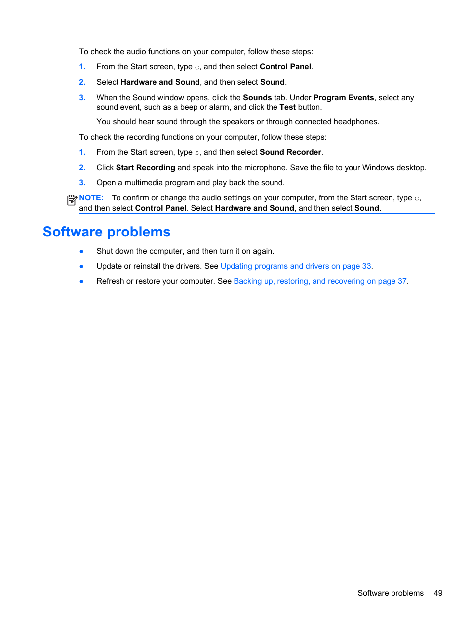 Software problems | HP Spectre ONE 23-e010se All-in-One CTO Desktop PC User Manual | Page 55 / 60