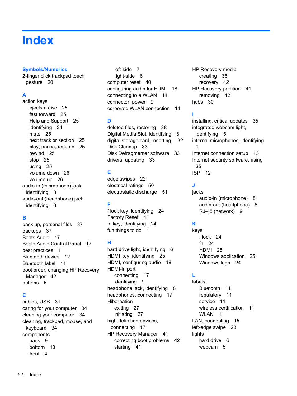 Index | HP Spectre ONE 23-e010se All-in-One CTO Desktop PC User Manual | Page 58 / 60